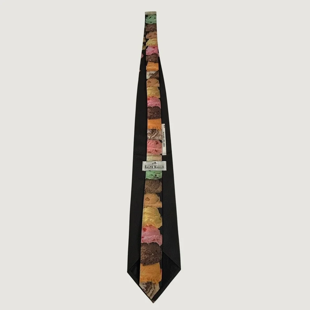 Vintage 1997 Ralph Marlin Ice Cream Novelty Tie USA Dessert Scoops Black Necktie
